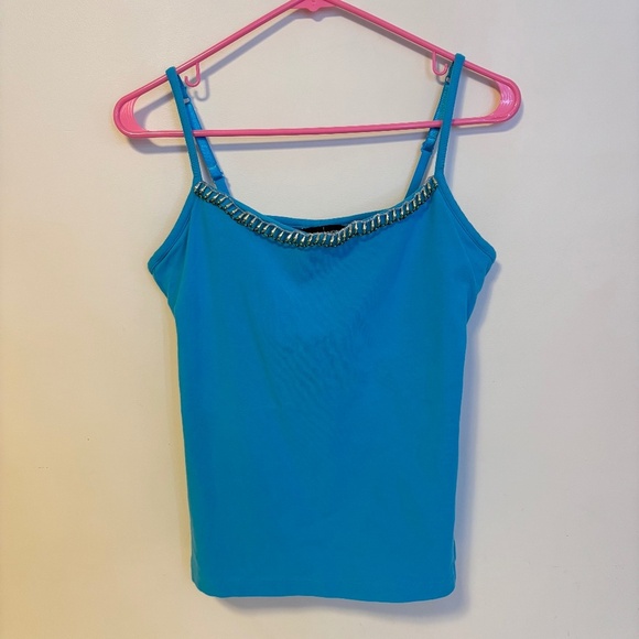 Moda International Y2K 2000s Beaded Neckline Built In Bra Cami Tank Top Blue L - Picture 1 of 6